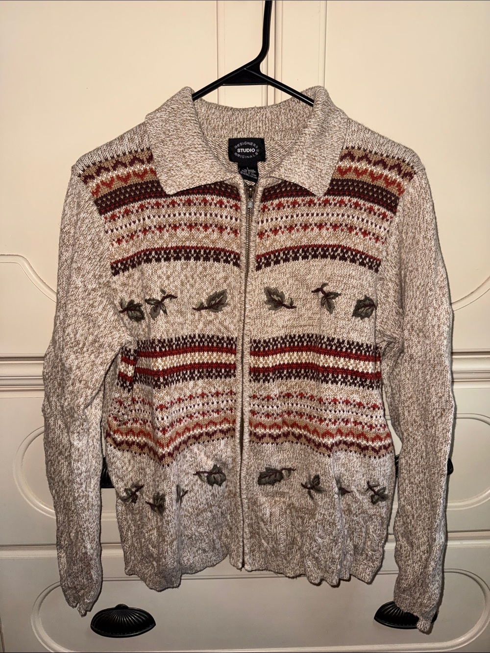 Studio Cream Zip-Up Fair Isle Sweater with Red and Brown Accents